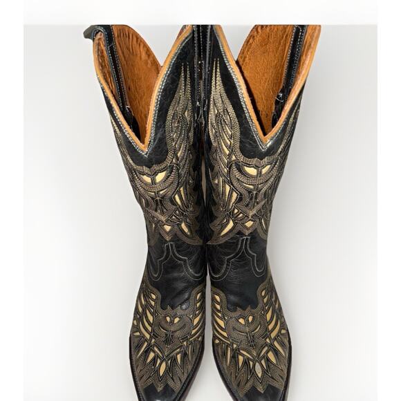 Womans Lucchese M3582 Black Crackle Lazer Design Bone Inlay Cowboy Boots 9.5 B - Picture 4 of 13